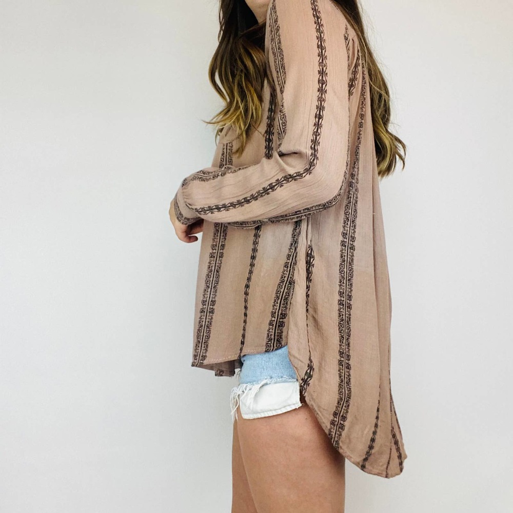 Free People Brown Purple Boho Henley Oversized Top - Picture 4 of 5